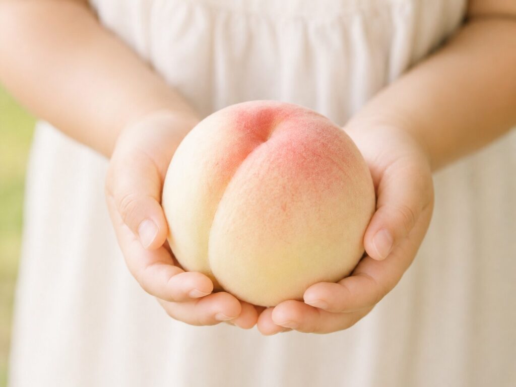 幼いころの夏の記憶を思わせる、子どもの手に包まれた岡山白桃